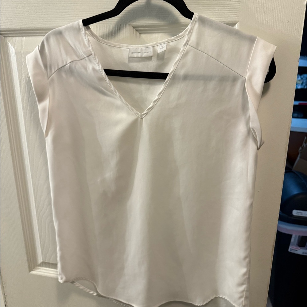New York & Company White V-Neck Blouse